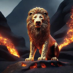 Generate a high-definition 4K image of a legendary lion, its form crafted from both shimmering diamonds and flowing lava