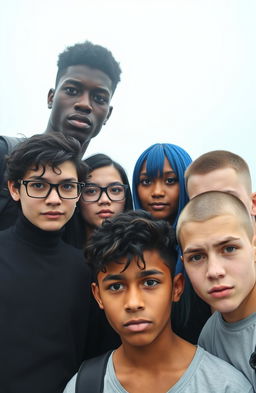 A group of popular college students standing together in the center of the frame, facing the camera