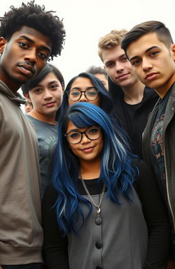A group of popular college students standing together in the center of the frame, facing the camera