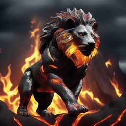 Generate a high-definition 4K image of a legendary lion, its form crafted from both shimmering diamonds and flowing lava