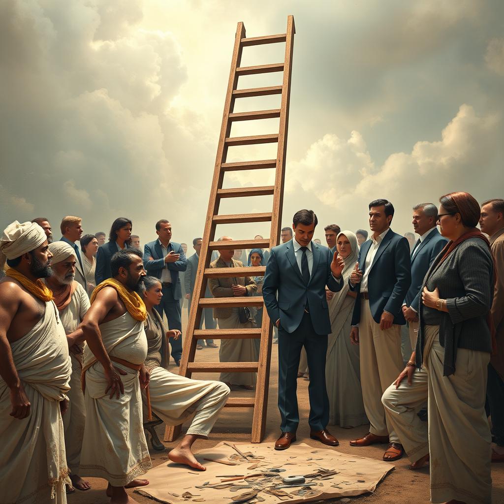 A powerful scene illustrating the reformation movement as a metaphorical ladder, integrating traditional and modern themes