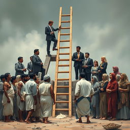 A powerful scene illustrating the reformation movement as a metaphorical ladder, integrating traditional and modern themes