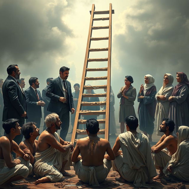 A powerful scene illustrating the reformation movement as a metaphorical ladder, integrating traditional and modern themes