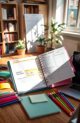 A beautifully designed school planner open to a colorful, organized page filled with schedules, to-do lists, and motivational quotes