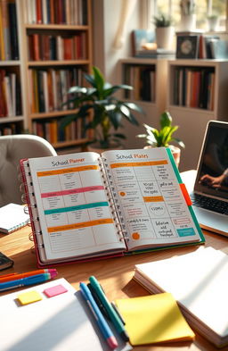 A beautifully designed school planner open to a colorful, organized page filled with schedules, to-do lists, and motivational quotes