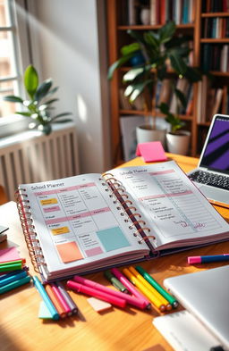A beautifully designed school planner open to a colorful, organized page filled with schedules, to-do lists, and motivational quotes