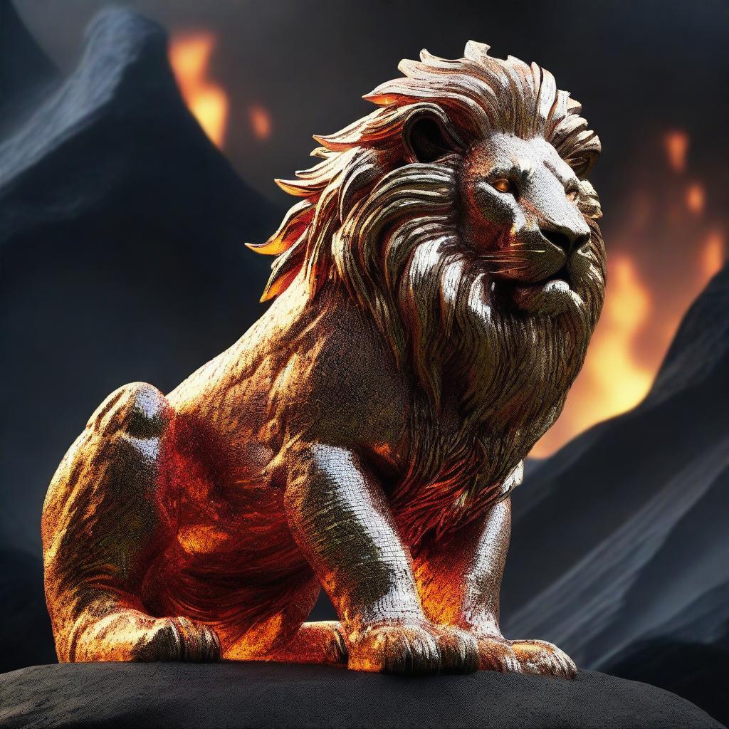 Generate a high-definition 4K image of a legendary lion, its form crafted from both shimmering diamonds and flowing lava