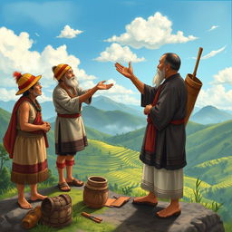 A detailed illustration depicting the indigenous weather forecasting practices of the Bokod people from Benguet, Philippines