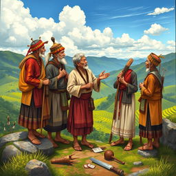A detailed illustration depicting the indigenous weather forecasting practices of the Bokod people from Benguet, Philippines