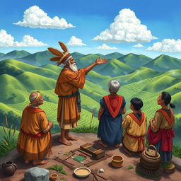 A detailed illustration depicting the indigenous weather forecasting practices of the Bokod people from Benguet, Philippines