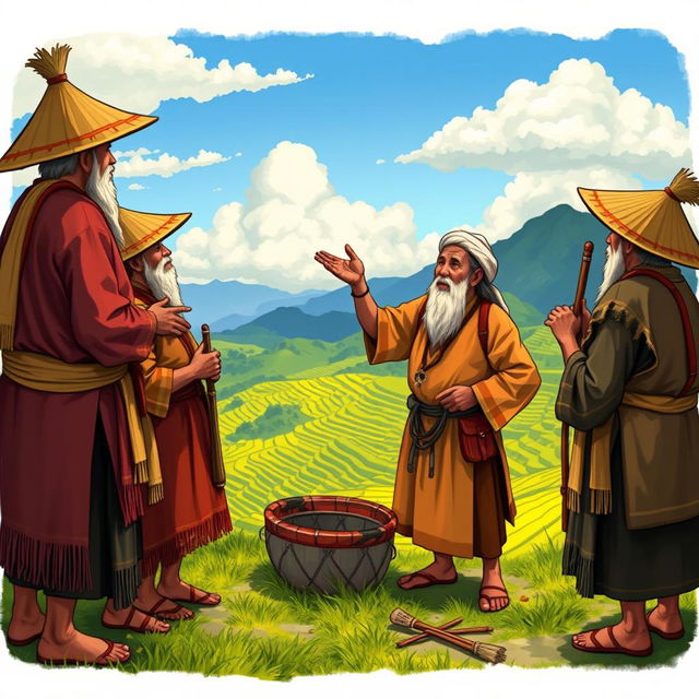 A detailed illustration depicting the indigenous weather forecasting practices of the Bokod people from Benguet, Philippines