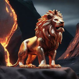 Generate a high-definition 4K image of a legendary lion, its form crafted from both shimmering diamonds and flowing lava