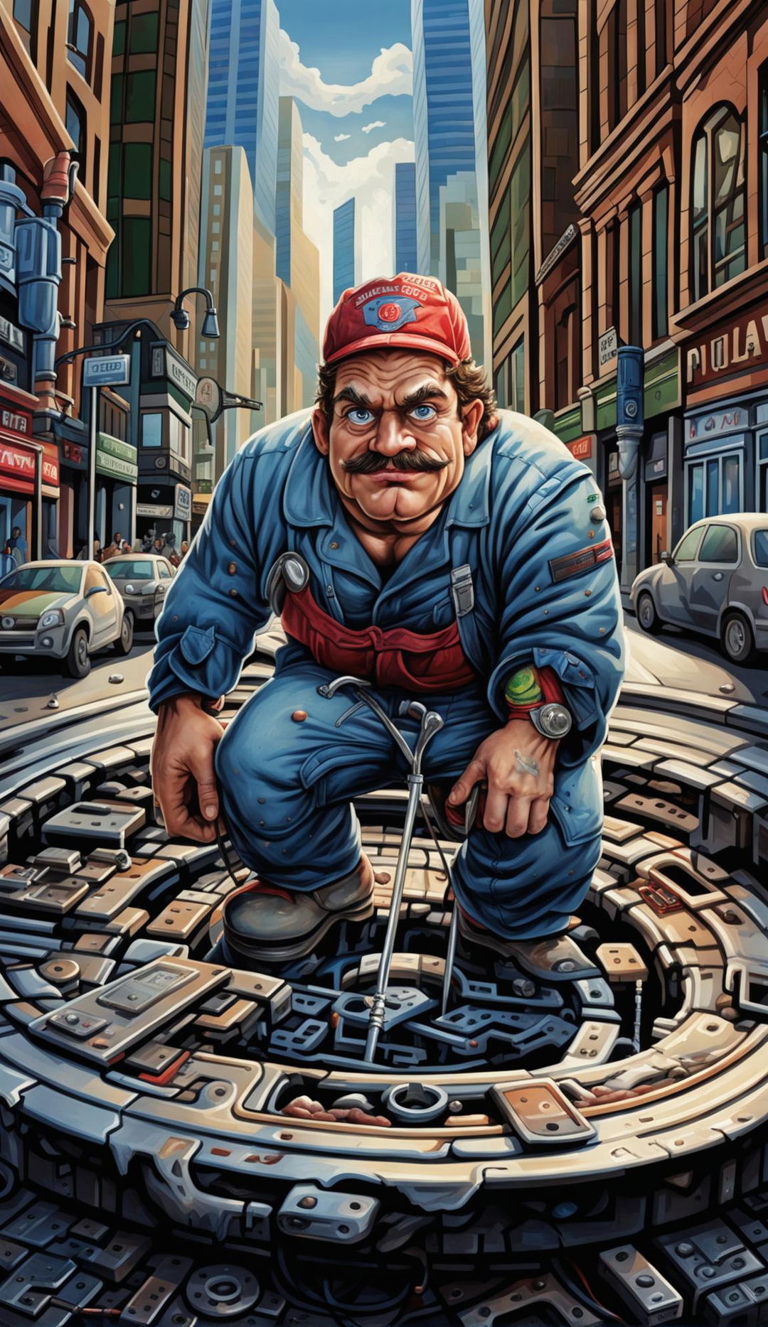 A seasoned plumber working on an open manhole in a bustling city street, surrounded by skyscrapers and city life.