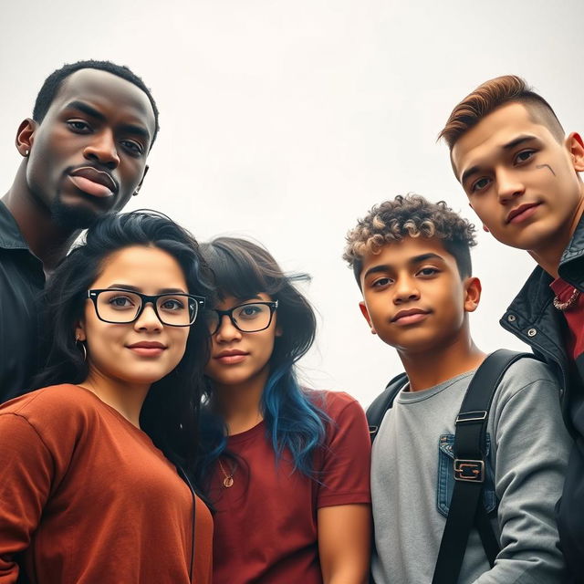 A group of popular college students standing together in the center of the frame, facing the camera