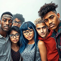A group of popular college students standing together in the center of the frame, facing the camera