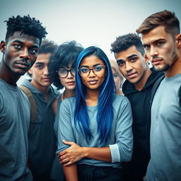 A group of popular college students standing together in the center of the frame, facing the camera