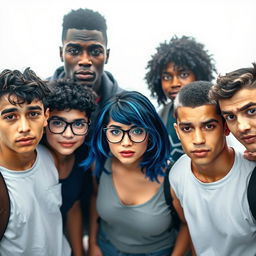 A group of popular college students standing together in the center of the frame, facing the camera