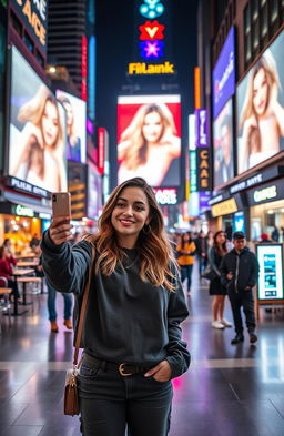 A captivating scene of a stylish social media influencer in a modern urban setting, surrounded by bright neon lights and digital billboards showcasing filtered images of perfection