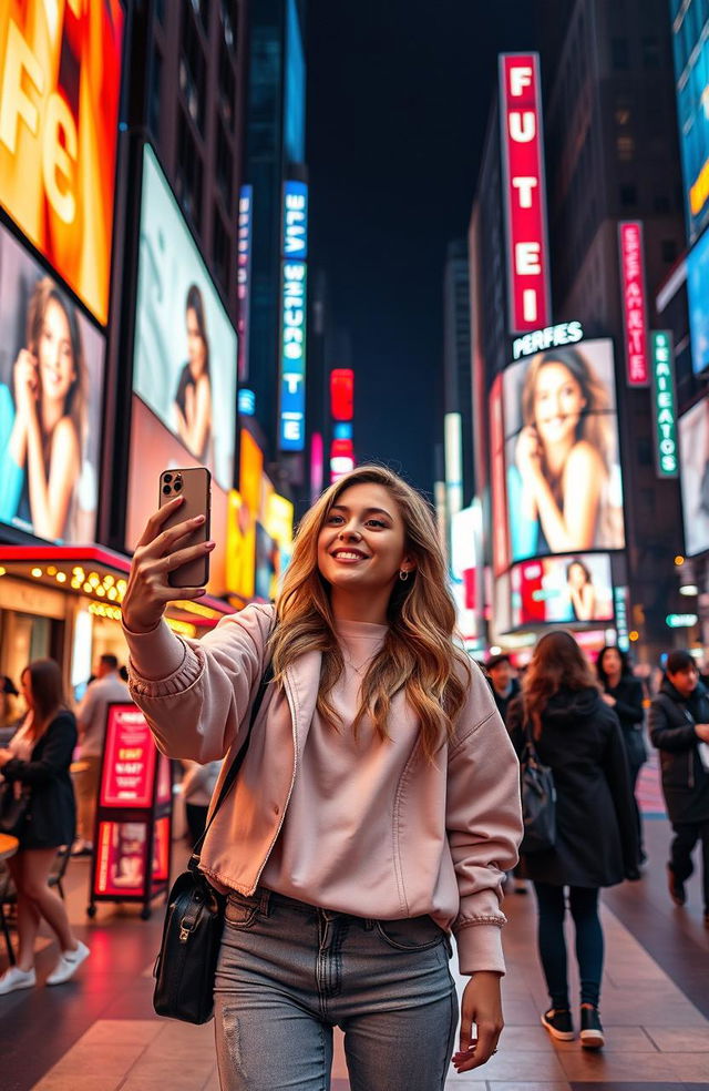 A captivating scene of a stylish social media influencer in a modern urban setting, surrounded by bright neon lights and digital billboards showcasing filtered images of perfection