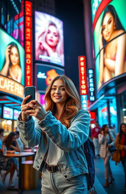 A captivating scene of a stylish social media influencer in a modern urban setting, surrounded by bright neon lights and digital billboards showcasing filtered images of perfection