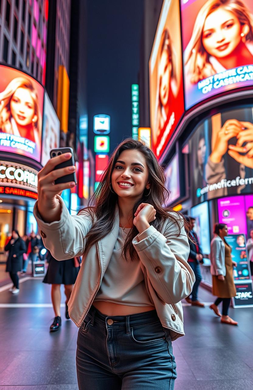 A captivating scene of a stylish social media influencer in a modern urban setting, surrounded by bright neon lights and digital billboards showcasing filtered images of perfection