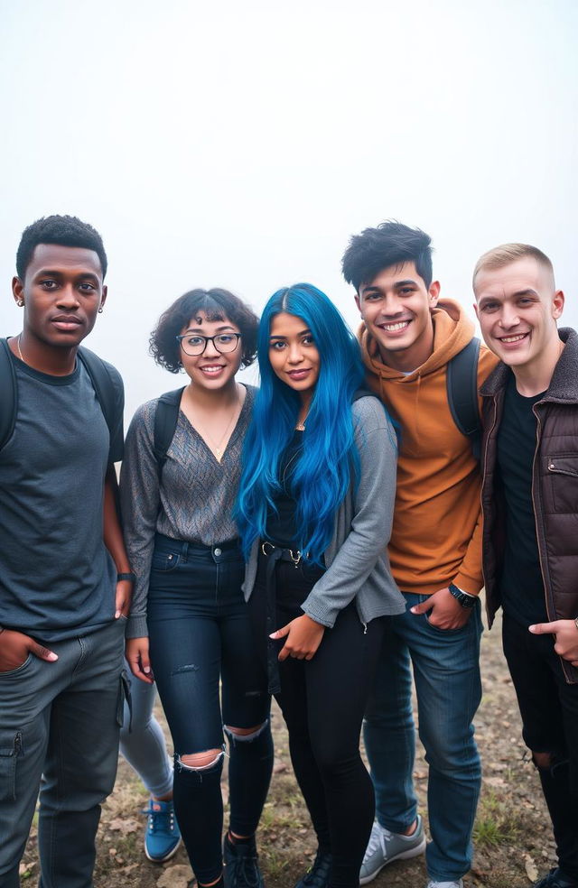 A popular college group of five students standing together in a foggy background