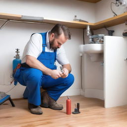 A professional plumber with a toolkit, fixing a leaky pipe in a modern apartment setting.