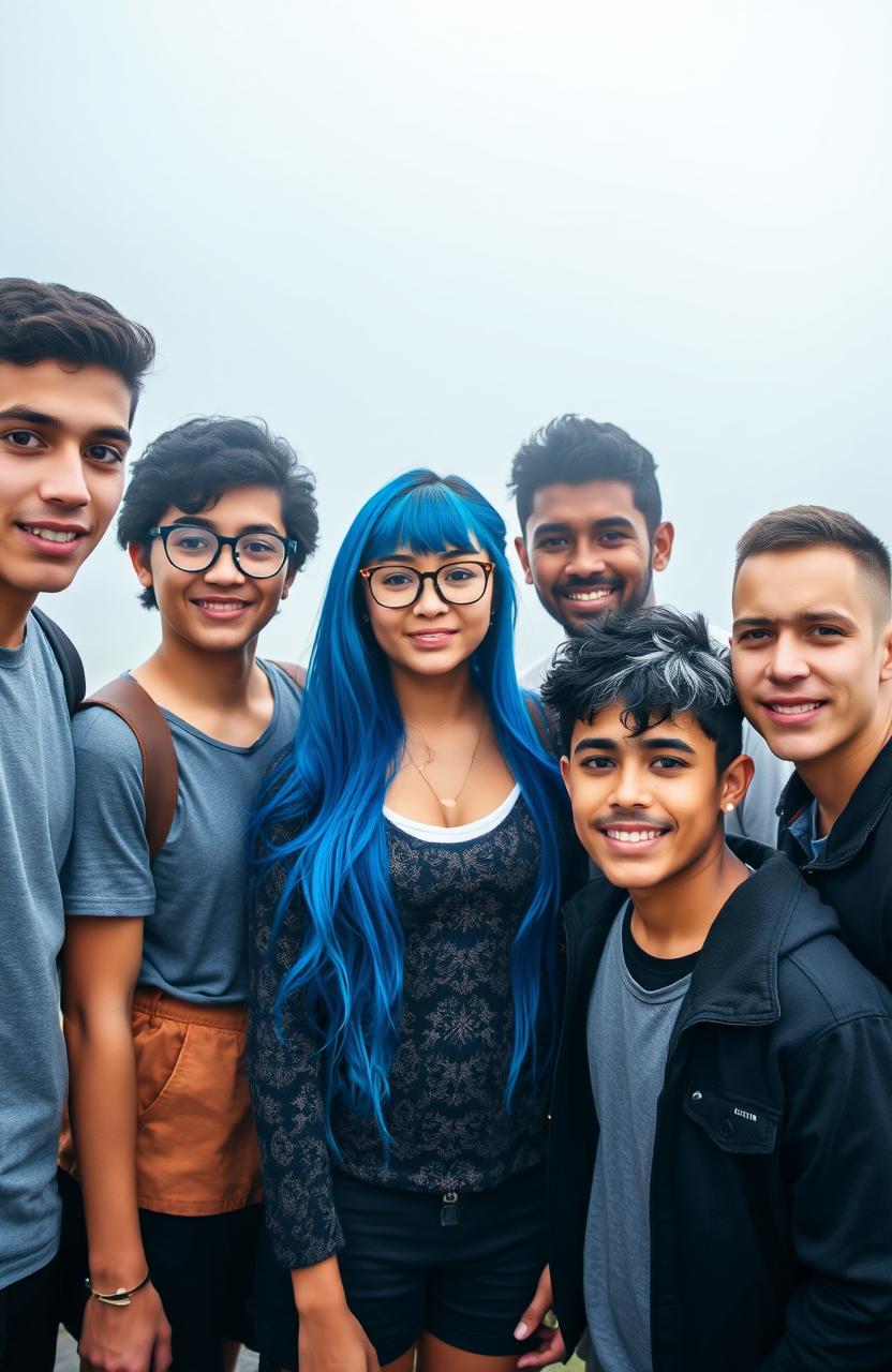 A popular college group of five students standing together in a foggy background