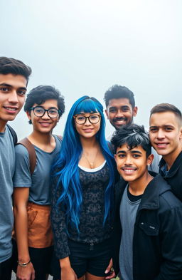 A popular college group of five students standing together in a foggy background