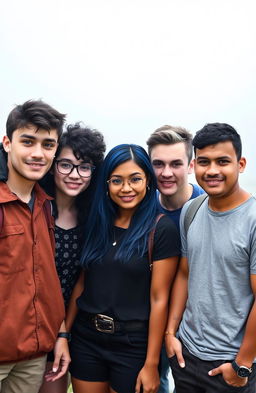 A popular college group of five students standing together in a foggy background