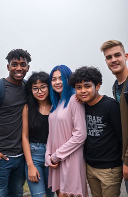 A popular college group of five students standing together in a foggy background
