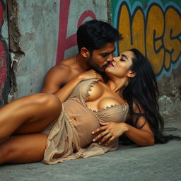 A sultry Indian woman with long, dark hair, wearing only a sheer garment that reveals her cleavage, passionately making out with a man in a gritty urban slum environment