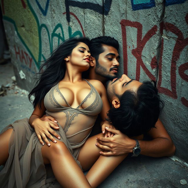 A sultry Indian woman with long, dark hair, wearing only a sheer garment that reveals her cleavage, passionately making out with a man in a gritty urban slum environment