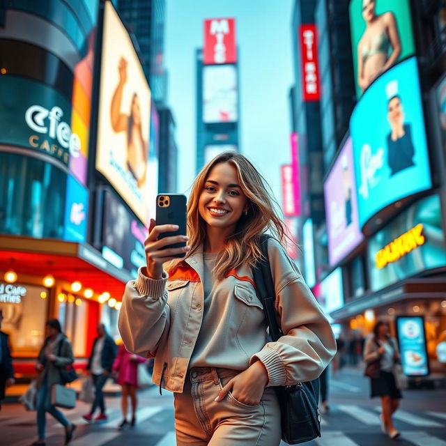 A striking visual representation of a stylish social media influencer navigating her life in a vibrant city filled with bright neon lights and digital billboards