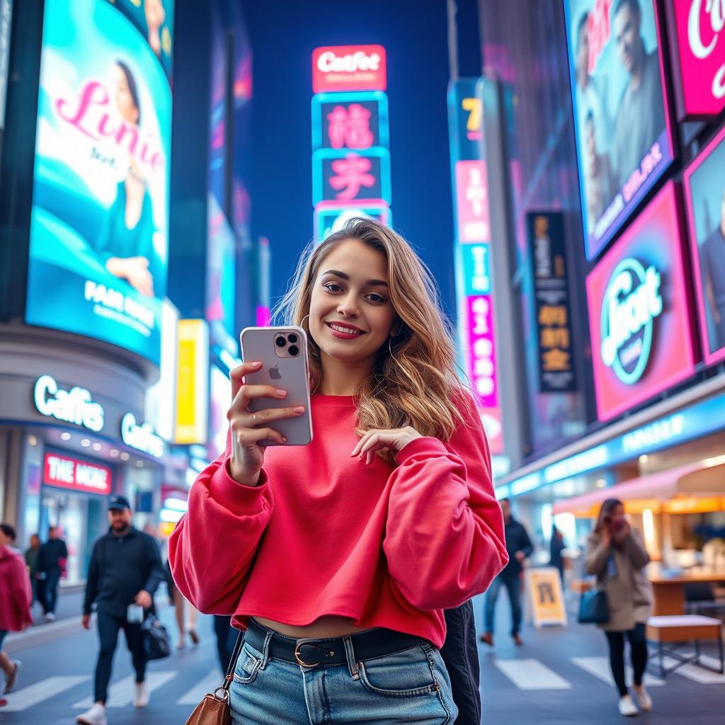 A striking visual representation of a stylish social media influencer navigating her life in a vibrant city filled with bright neon lights and digital billboards