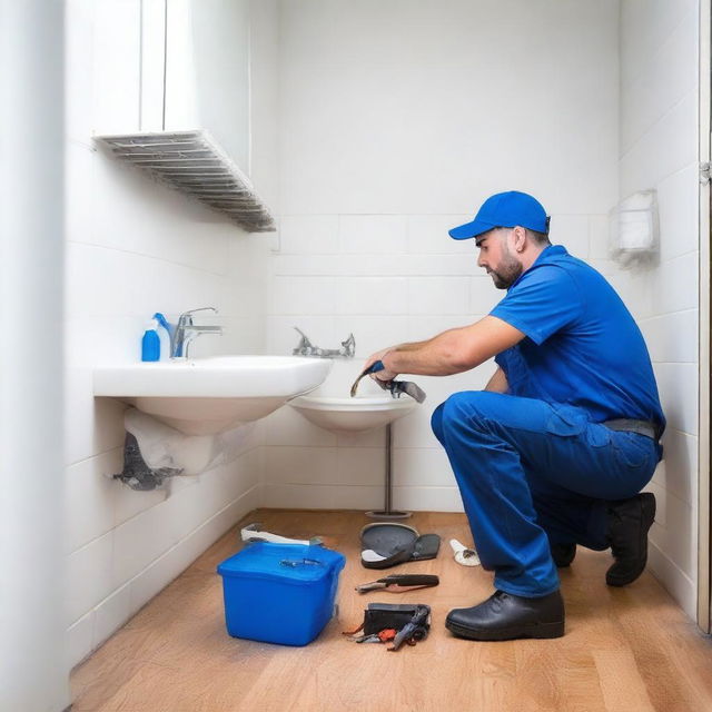 A professional plumber with a toolkit, fixing a leaky pipe in a modern apartment setting.