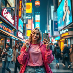 A striking visual representation of a stylish social media influencer navigating her life in a vibrant city filled with bright neon lights and digital billboards