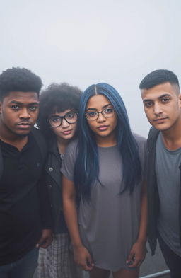 Five college students in a popular group, standing together in the center and facing the camera