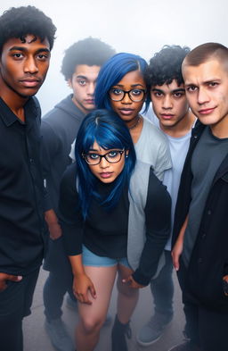 Five college students in a popular group, standing together in the center and facing the camera