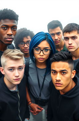 Five college students in a popular group, standing together in the center and facing the camera