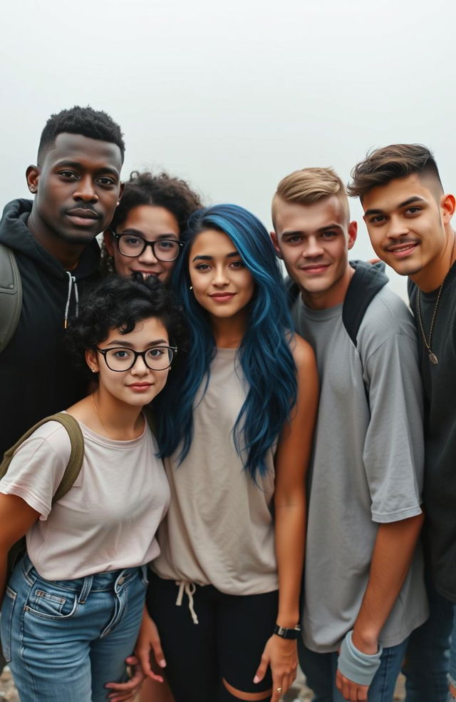 A group of five popular college students standing together in the center of a foggy background, facing the camera