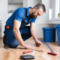 A professional plumber with a toolkit, fixing a leaky pipe in a modern apartment setting.