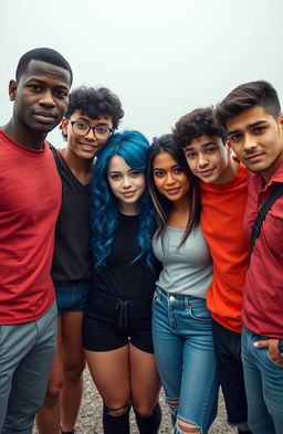 A group of five popular college students standing together in the center of a foggy background, facing the camera
