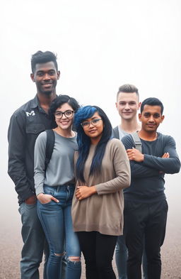 A group of five popular college students standing together in the center of a foggy background, facing the camera