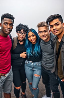 A group of five popular college students standing together in the center of a foggy background, facing the camera