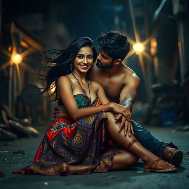 A sultry Indian woman, styled as an urban dancer, in a dimly lit slum at night, sitting on the ground