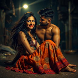 A sultry Indian woman, styled as an urban dancer, in a dimly lit slum at night, sitting on the ground