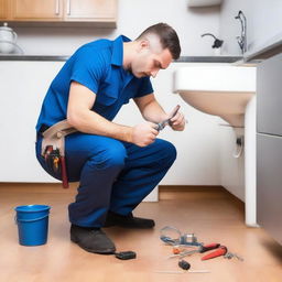 A professional plumber with a toolkit, fixing a leaky pipe in a modern apartment setting.