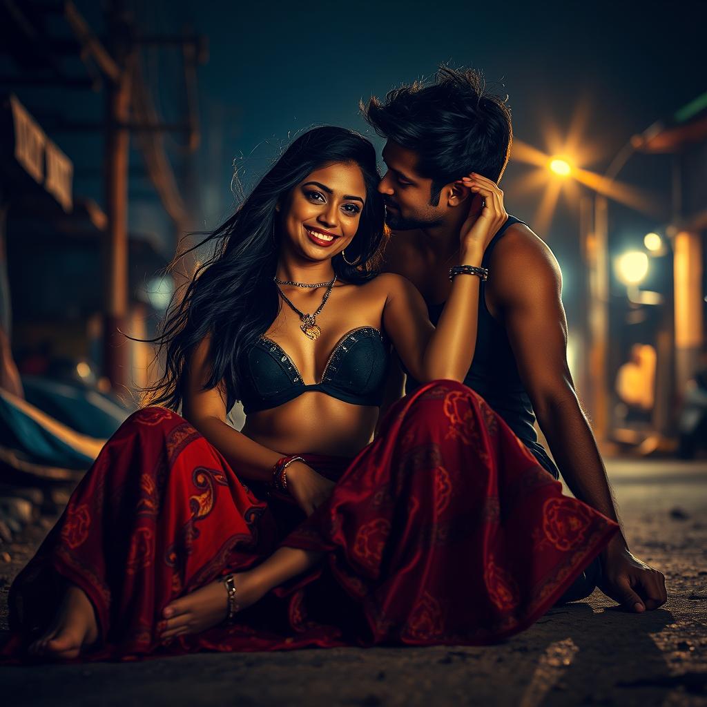 A sultry Indian woman, styled as an urban dancer, in a dimly lit slum at night, sitting on the ground