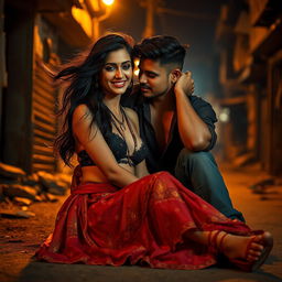 A sultry Indian woman, styled as an urban dancer, in a dimly lit slum at night, sitting on the ground